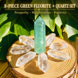 Set 8 pezzi fluorite verde + quarzo