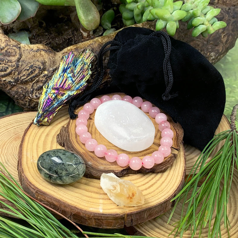 Rose Quartz Mala Bracelet Tranquility Pouch Set