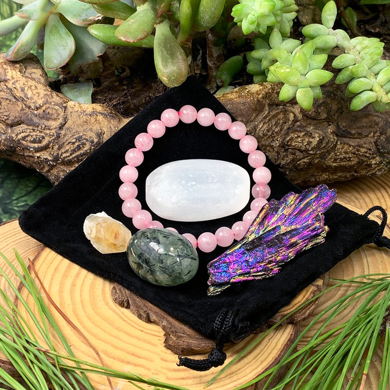 Rose Quartz Mala Bracelet Tranquility Pouch Set