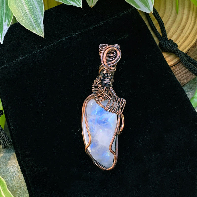 Crescent Moonstone Copper Wire Pendant Necklace