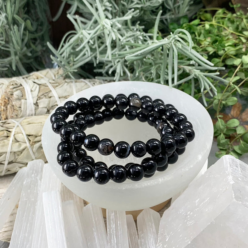 Mala Black Agate Bracelet With Velvet Pouch