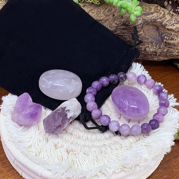 FREE GIVEAWAY!  Lepidolite Mala and Amethyst Pouch Set (Just Pay Cost of Shipping)