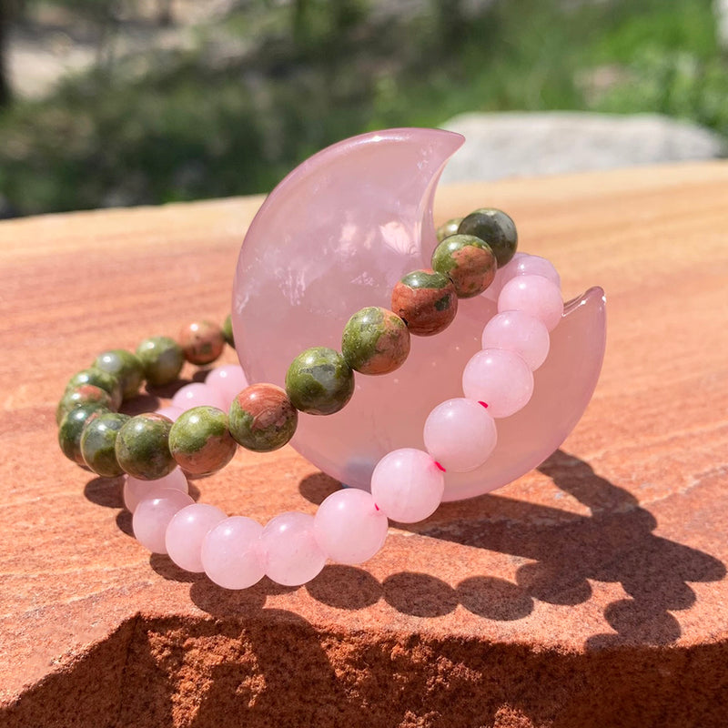 Rose Quartz Crescent Moon Shape + Mala Bracelets Gift Set