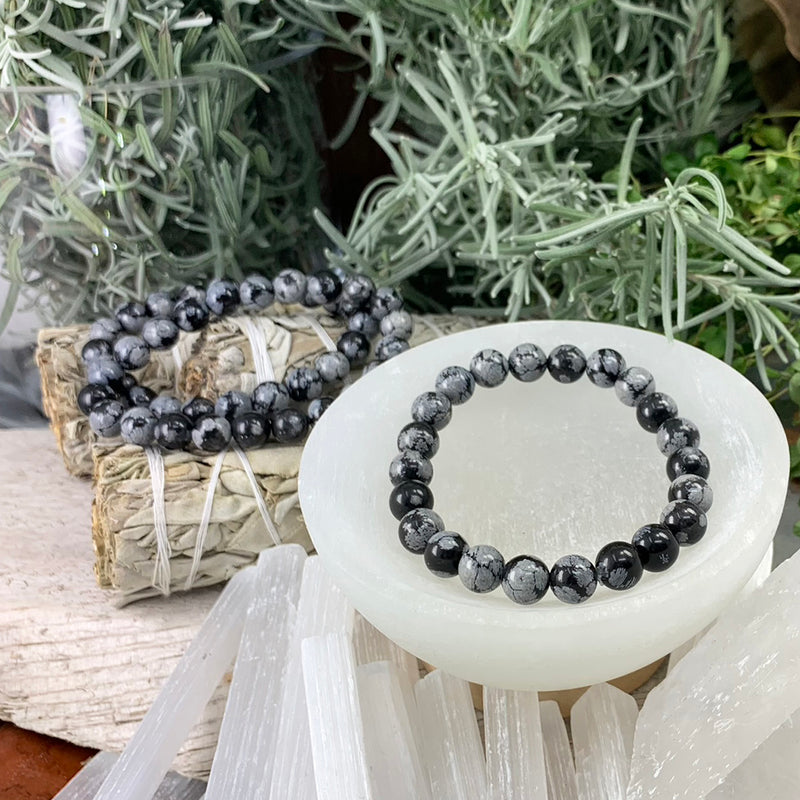 Mala Snowflake Obsidian Bracelet With Velvet Pouch